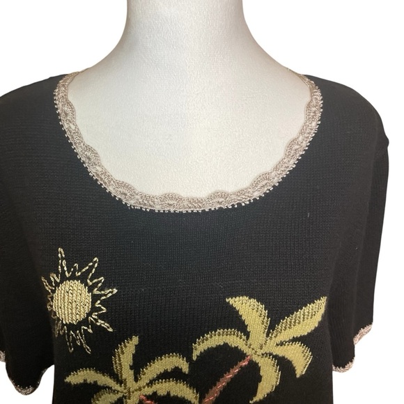 CJ Banks Hand Embroidered Plus Palm Tree Short Sleeve Sweater 1X Coastal Beach - Picture 3 of 11